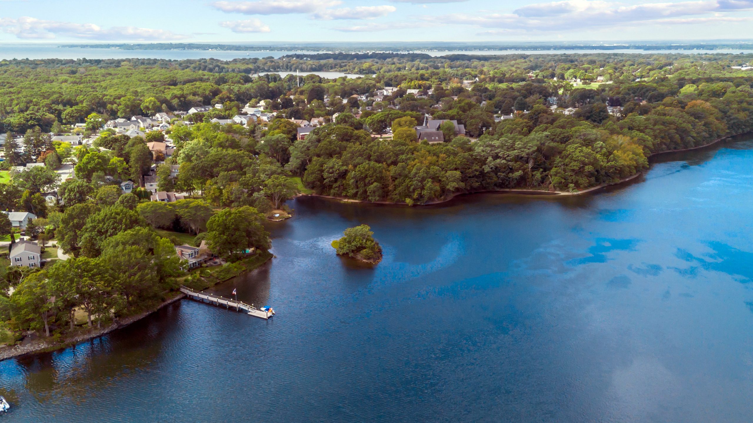 Arial view of the Barrington River and the town of Barrington, Rhode Island